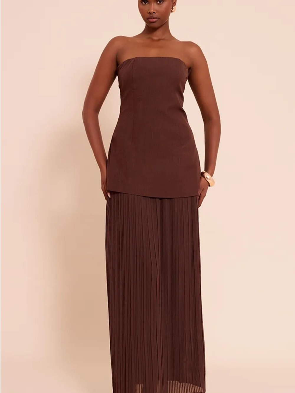 Strapless Brown Pleated Wide-Leg Jumpsuit